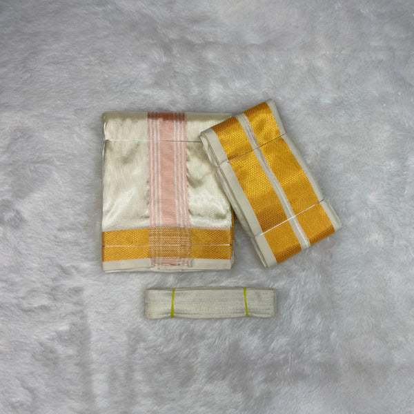 HORAD Premium Art Silk Cream with RoseGold+Gold Border Dhoti + Angavastram + Belt