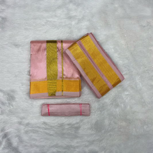 HORAD Premium Art Silk Petal Pink Dhoti + Angavastram + Belt (10X6)