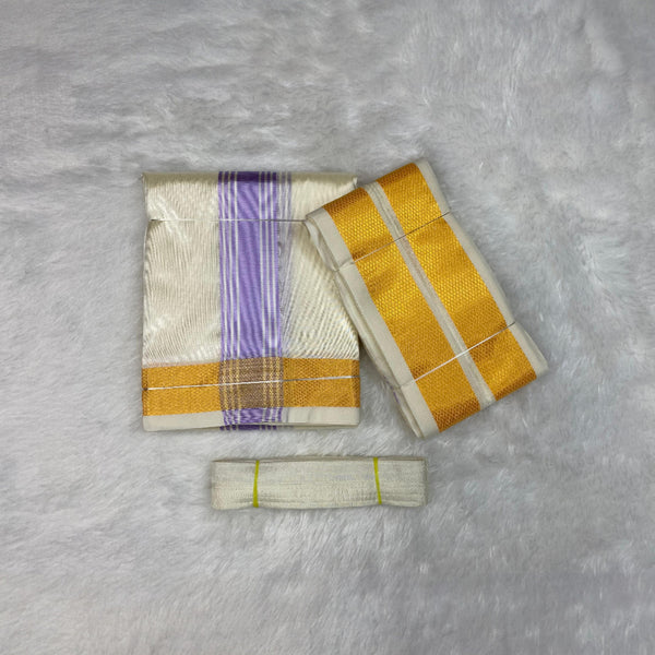 HORAD Premium Art Silk Cream with Lavender+Gold Border Dhoti + Angavastram + Belt
