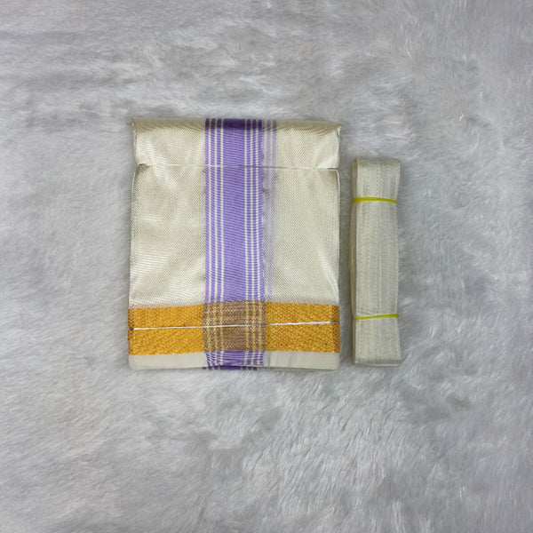 HORAD Premium Art Silk Cream with Lavender+Gold Border Dhoti + Belt