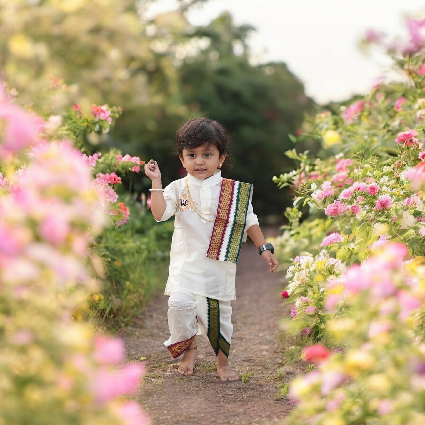 Horad Premium Art Silk Cream Balaji Embroidery Long Kurta + Mayilkan Border Panjakejam + Border Angavastram