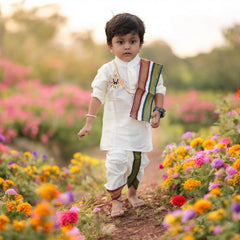 Horad Premium Art Silk Cream Balaji Embroidery Long Kurta + Mayilkan Border Panjakejam + Border Angavastram