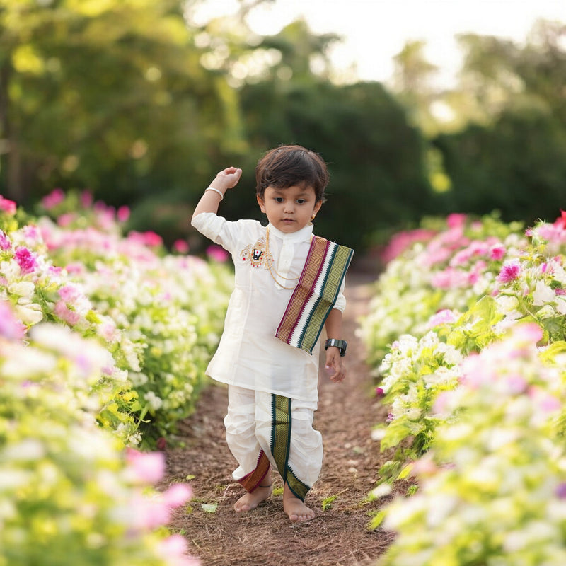 Horad Premium Art Silk Cream Balaji Embroidery Long Kurta + Mayilkan Border Panjakejam + Border Angavastram