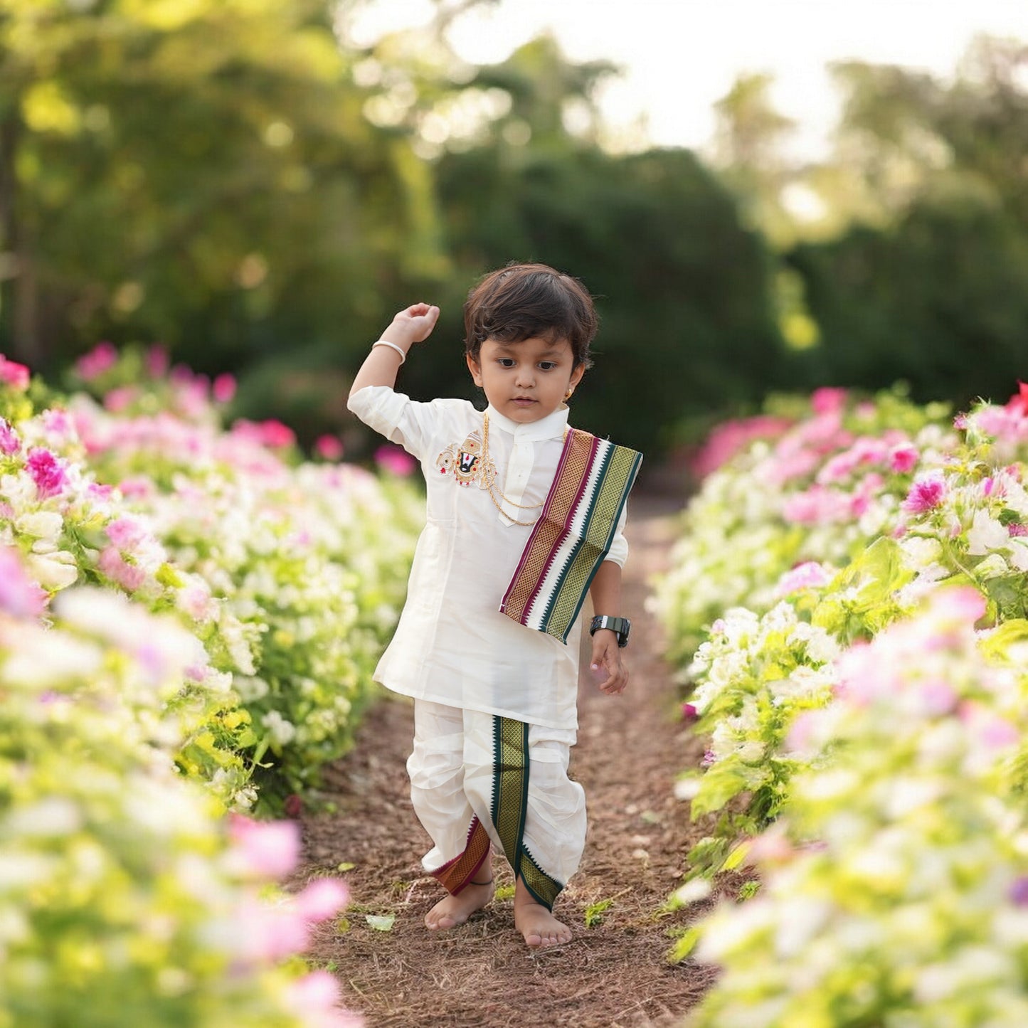 Horad Premium Art Silk Cream Balaji Embroidery Long Kurta + Mayilkan Border Panjakejam + Border Angavastram