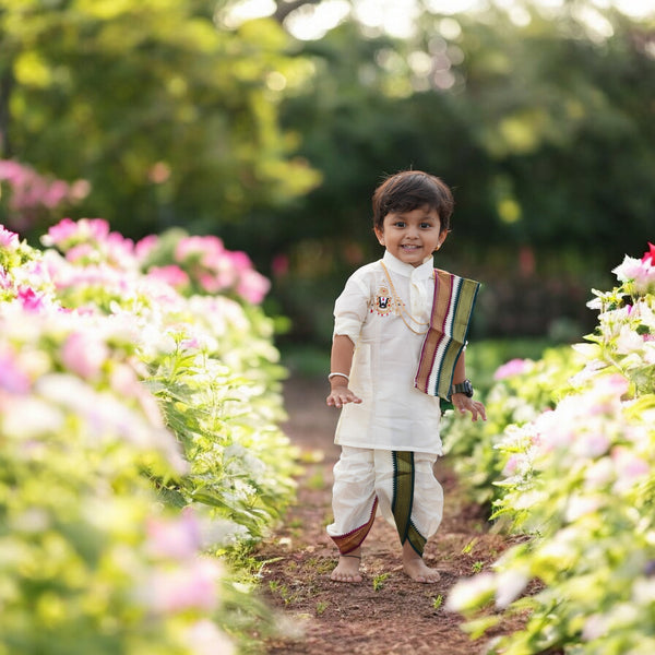 Horad Premium Art Silk Cream Balaji Embroidery Long Kurta + Mayilkan Border Panjakejam + Border Angavastram