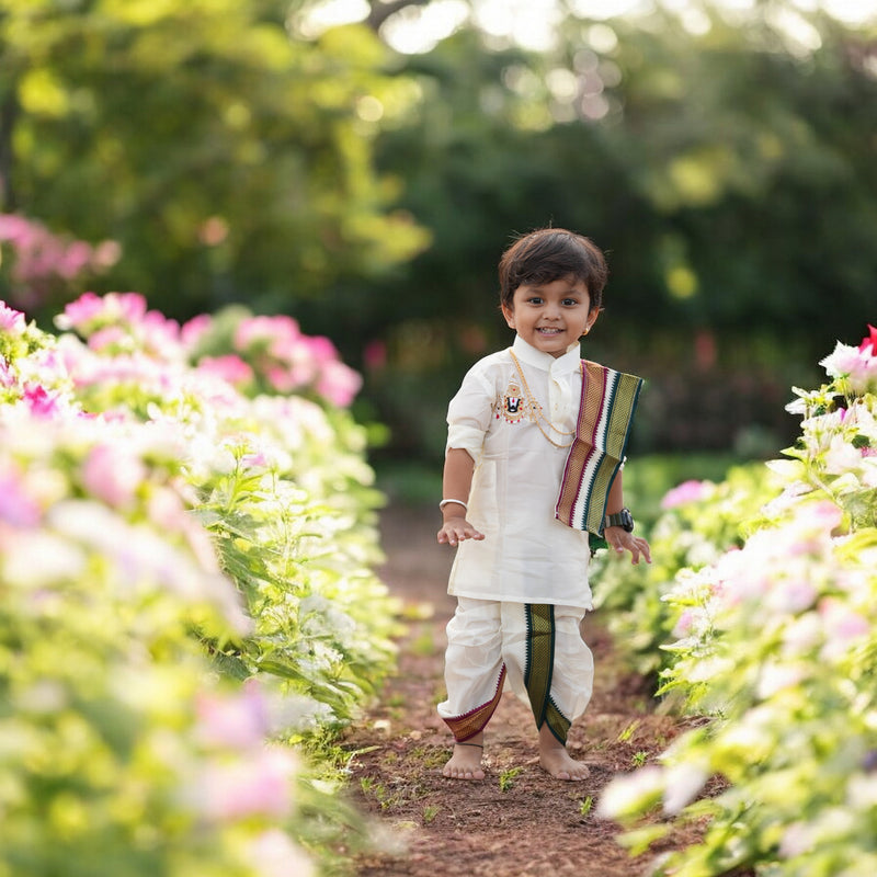 Horad Premium Art Silk Cream Balaji Embroidery Long Kurta + Mayilkan Border Panjakejam + Border Angavastram