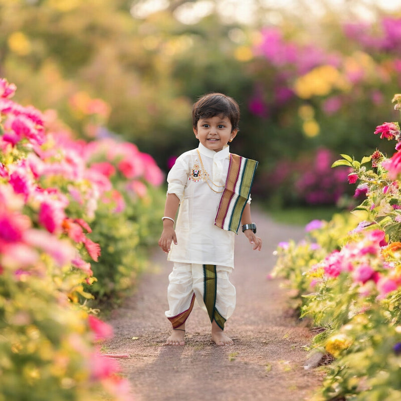 Horad Premium Art Silk Cream Balaji Embroidery Long Kurta + Mayilkan Border Panjakejam + Border Angavastram