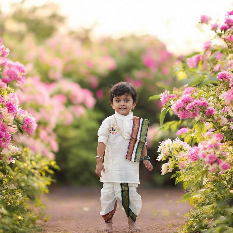 Horad Premium Art Silk Cream Balaji Embroidery Long Kurta + Mayilkan Border Panjakejam + Border Angavastram