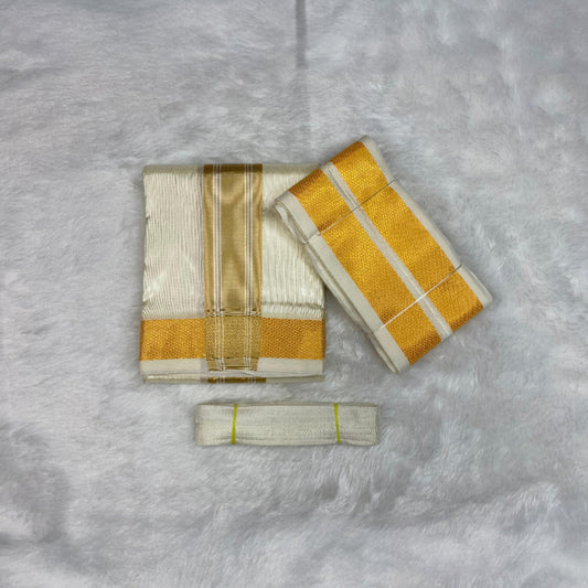 HORAD Premium Art Silk Cream with Gold Border Dhoti + Angavastram + Belt
