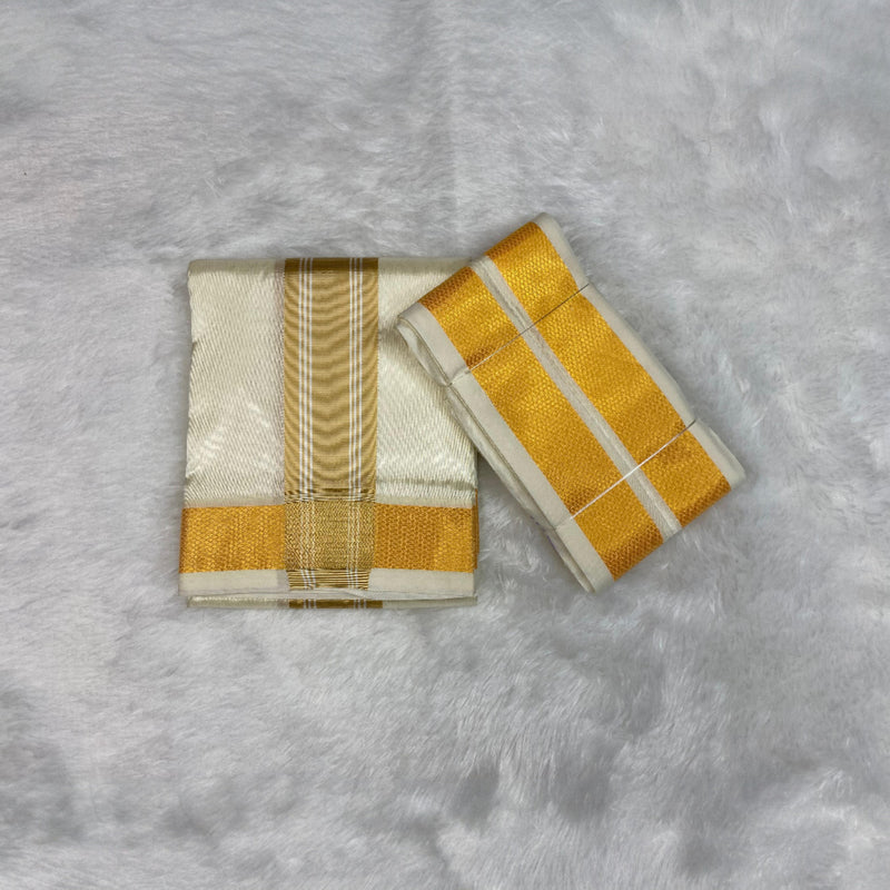 HORAD Premium Art Silk Cream with Gold Border Dhoti + Angavastram