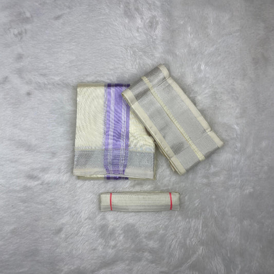 HORAD Premium Art Silk cream with Lavender+Silver Border Dhoti + Angavastram + Belt