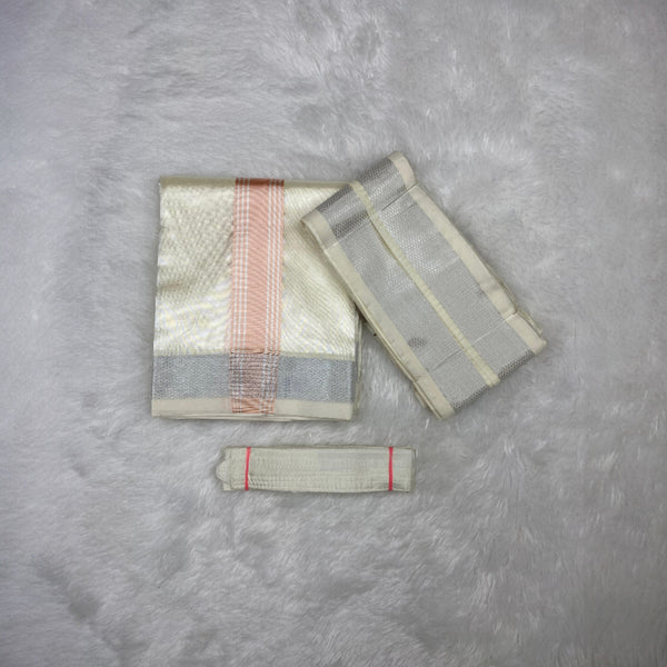HORAD Premium Art Silk Cream with Rose Gold+Silver Border Dhoti + Angavastram + Belt