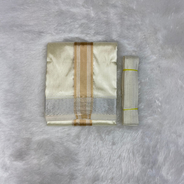 HORAD Premium Art Silk Cream with Gold + Silver Border Dhoti + Belt