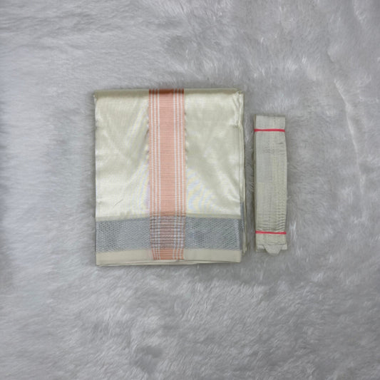 HORAD Premium Art Silk Cream with Rose Gold+Silver Border Dhoti + Belt