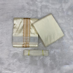 HORAD Premium Art Silk Cream with Gold + Silver Border Dhoti with Cream Shirt Material + Belt