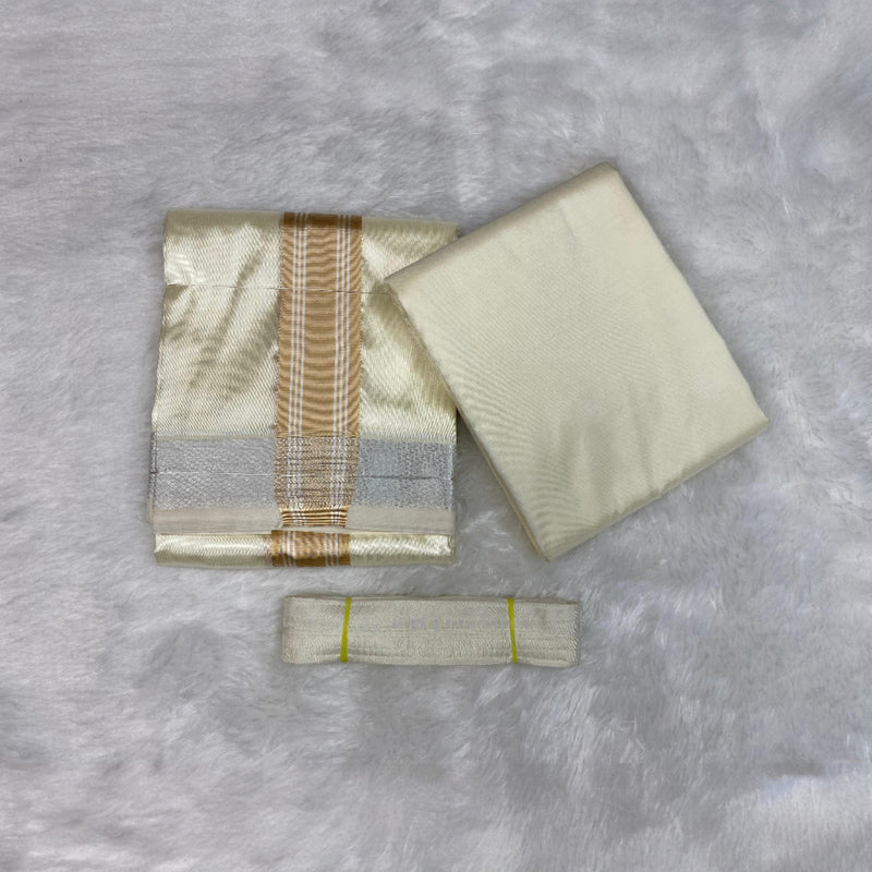 HORAD Premium Art Silk Cream with Gold + Silver Border Dhoti with Cream Shirt Material + Belt