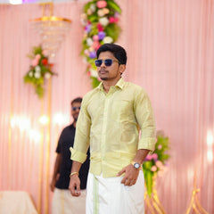 Horad Premium Art Silk FIR.Green Shirt + Cream with FIR.Green+Silver Border Welcro Dhoti