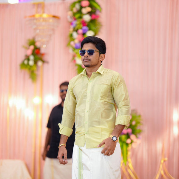 Horad Premium Art Silk FIR.Green Shirt + Cream with FIR.Green+Silver Border Welcro Dhoti