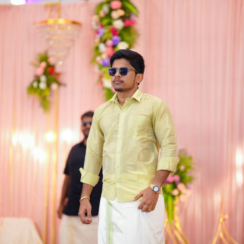 Horad Premium Art Silk FIR.Green Shirt + Cream with FIR.Green+Silver Border Welcro Dhoti