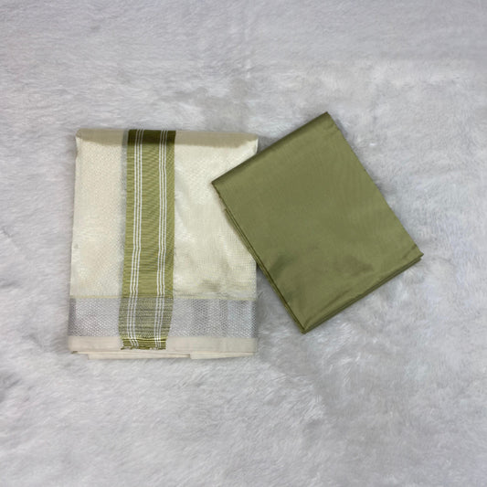 HORAD Premium Art Silk Cream with FIR.Green+Silver Border Dhoti with FIR.Green Shirt Material