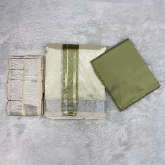 HORAD Premium Art Silk Cream with FIR.Green+Silver Border Dhoti with FIR.Green Shirt Material + Angavastram