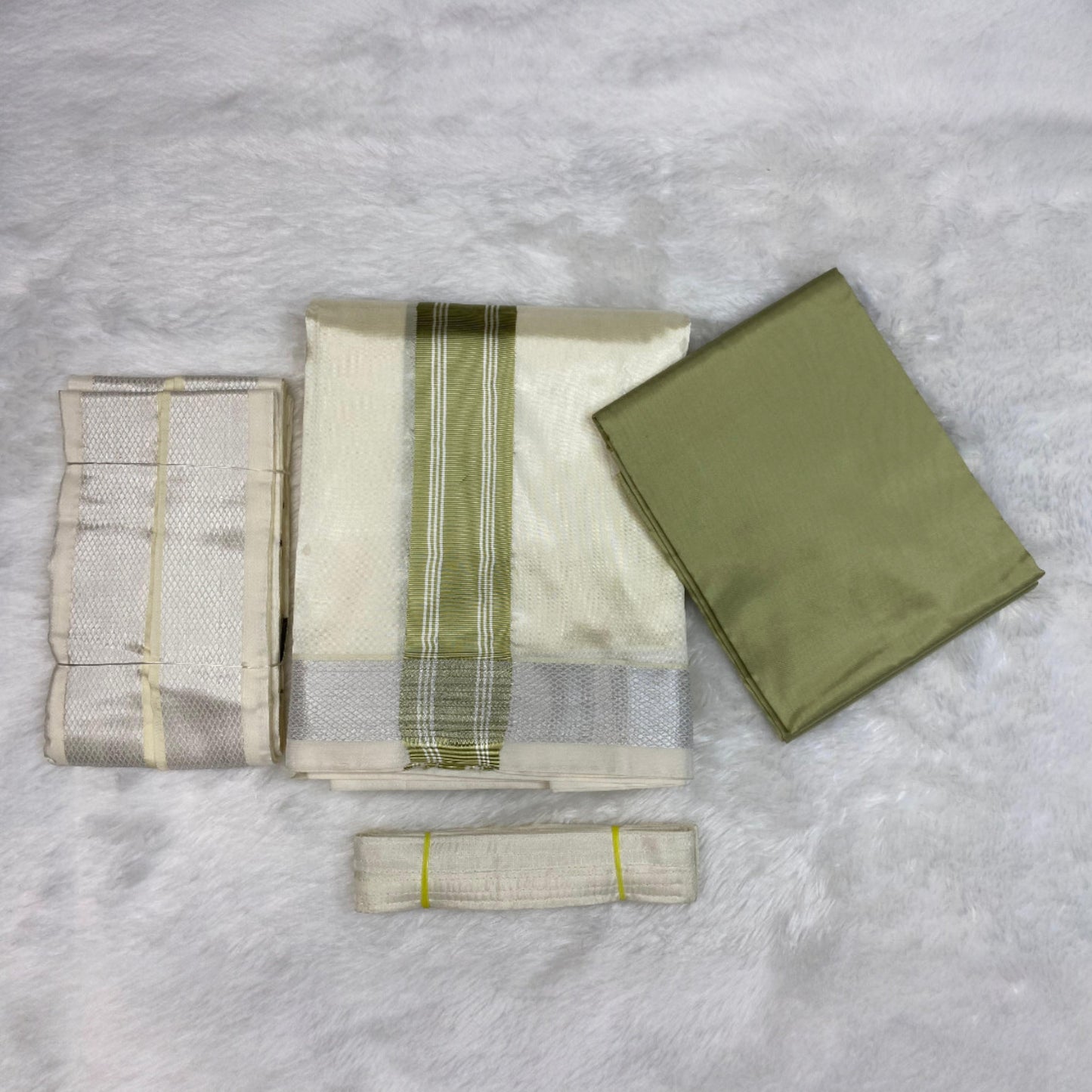 HORAD Premium Art Silk Cream with FIR.Green+Silver Border Dhoti with FIR.Green Shirt Material + Angavastram + Belt