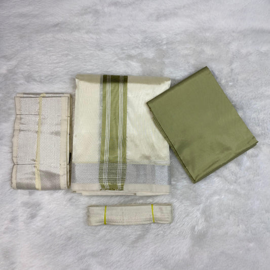 HORAD Premium Art Silk Cream with FIR.Green+Silver Border Dhoti with FIR.Green Shirt Material + Angavastram + Belt