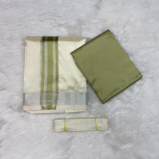 HORAD Premium Art Silk Cream with FIR.Green+Silver Border Dhoti with FIR.Green Shirt Material + Belt