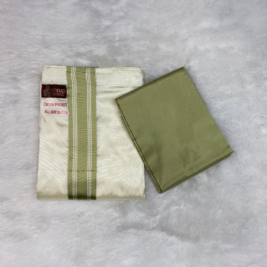 HORAD Premium Art Silk Cream with FIR.Green+Silver Border Welcro Dhoti with FIR.Green Shirt Material