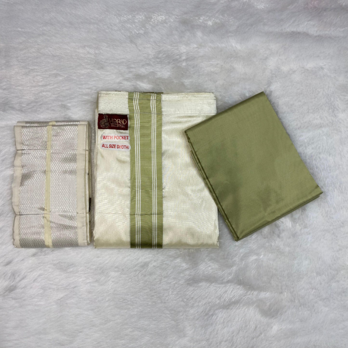 HORAD Premium Art Silk Cream with FIR.Green+Silver Border Welcro Dhoti with FIR.Green Shirt Material + Angavastram