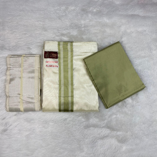 HORAD Premium Art Silk Cream with FIR.Green+Silver Border Welcro Dhoti with FIR.Green Shirt Material + Angavastram