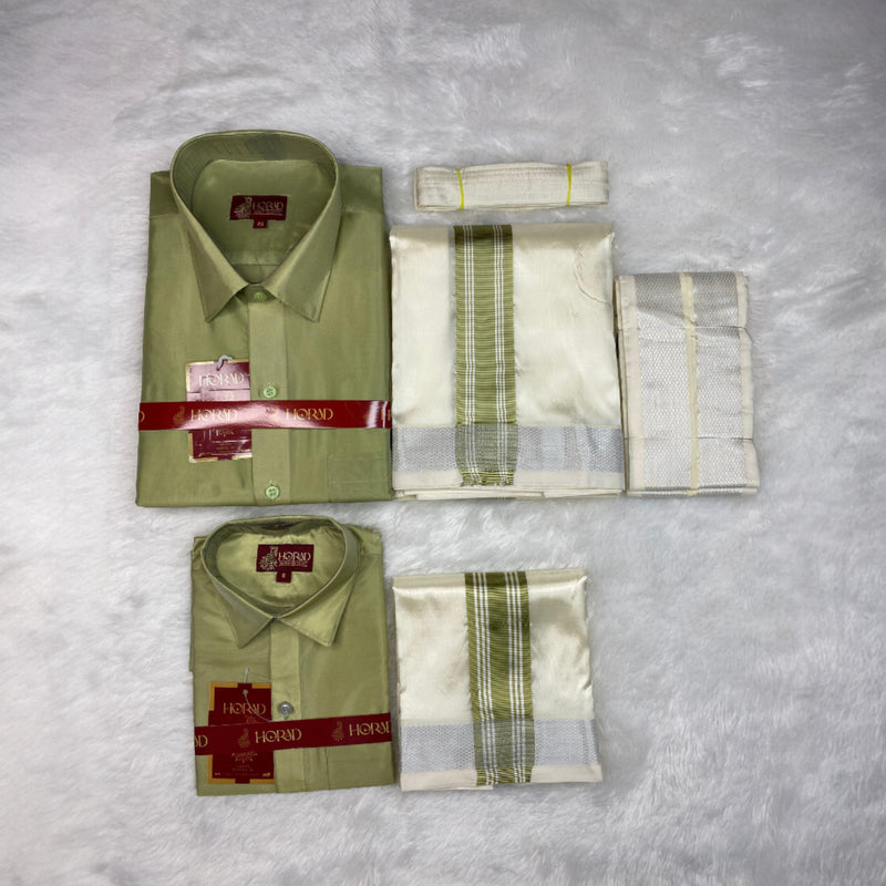 Horad Premium Art Silk Dad and Son FIR.Green Shirt + Cream with FIR.Green+Silver Border Dhoti + Angavastram + Belt