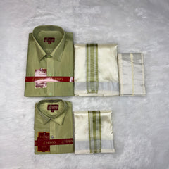 Horad Premium Art Silk Dad and Son FIR.Green Shirt + Cream with FIR.Green+Silver Border Dhoti + Angavastram