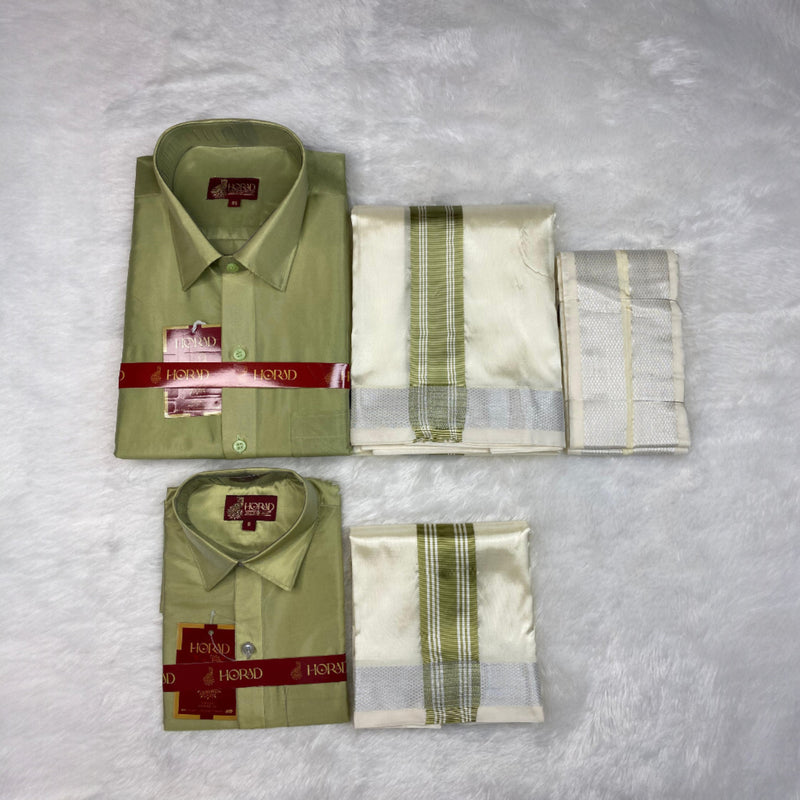 Horad Premium Art Silk Dad and Son FIR.Green Shirt + Cream with FIR.Green+Silver Border Dhoti + Angavastram