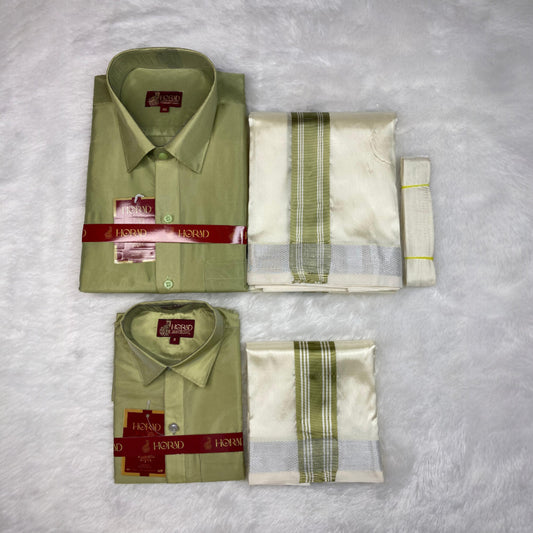 Horad Premium Art Silk Dad and Son FIR.Green Shirt + Cream with FIR.Green+Silver Border Dhoti + Belt