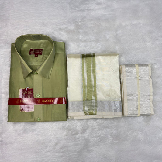 Horad Premium Art Silk FIR.Green Shirt + Cream with FIR.Green+Silver Border Dhoti + Angavastram