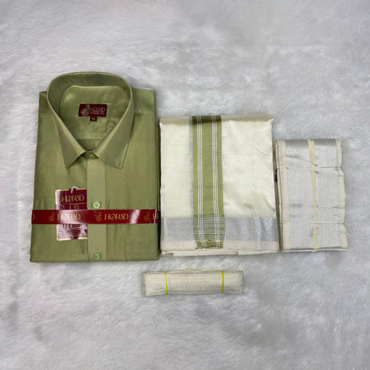 Horad Premium Art Silk FIR.Green Shirt + Cream with FIR.Green+Silver Border Dhoti + Angavastram + Belt