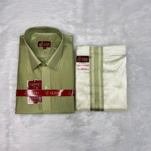 Horad Premium Art Silk FIR.Green Shirt + Cream with FIR.Green+Silver Border Welcro Dhoti