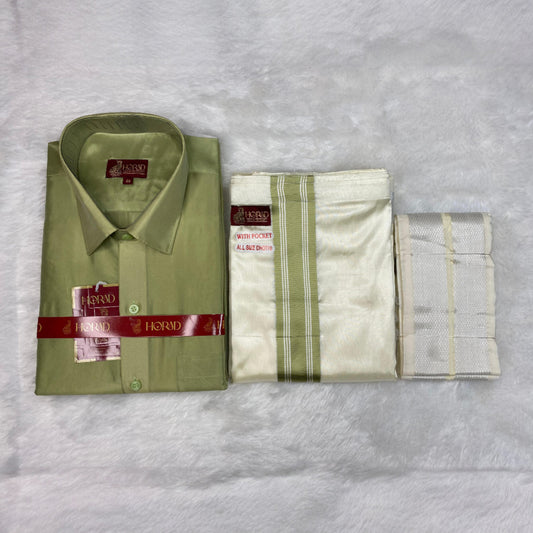 Horad Premium Art Silk FIR.Green Shirt + Cream with FIR.Green+Silver Border Welcro Dhoti + Angavastram