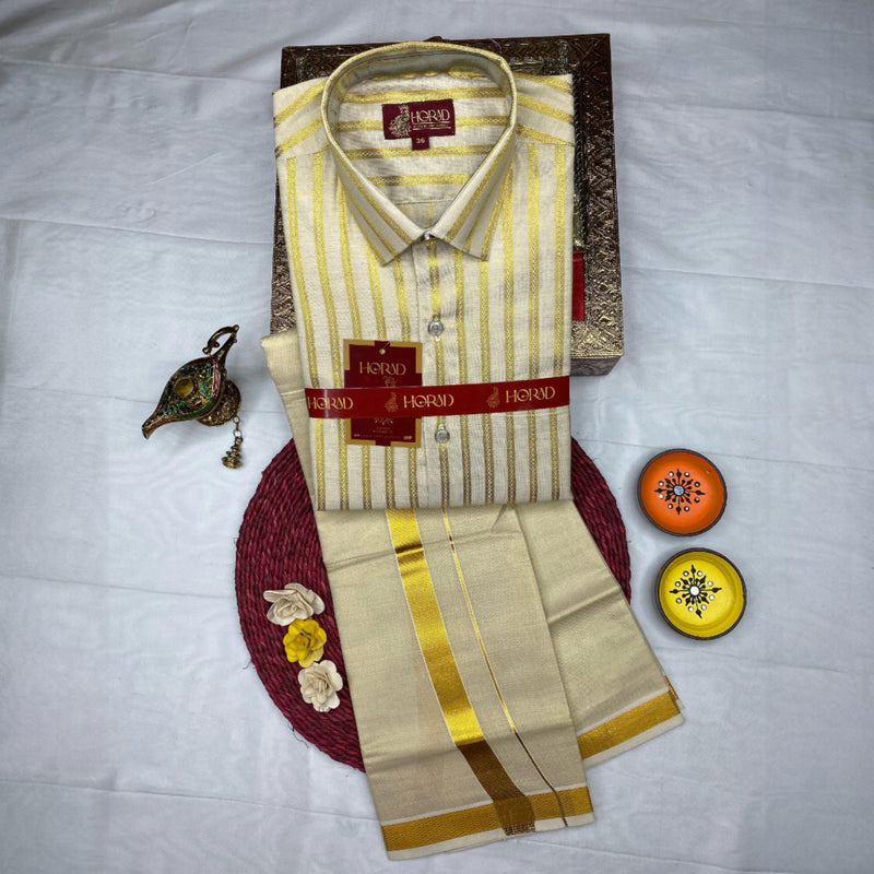 Horad Kora Cotton Gold Stripes Shirt  + Dhoti
