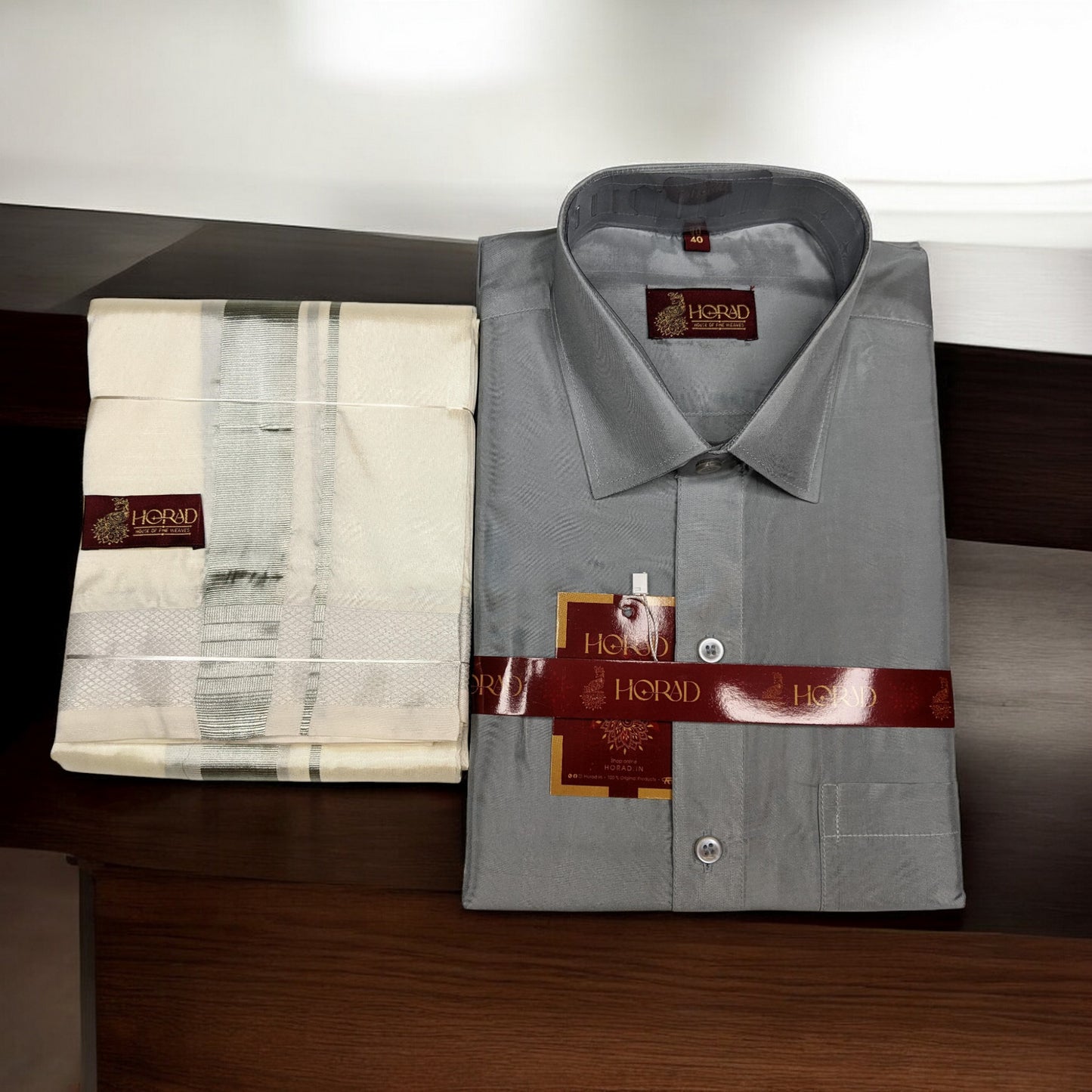 Horad Premium Art Silk Light Grey Shirt + Silver Zari Dhoti