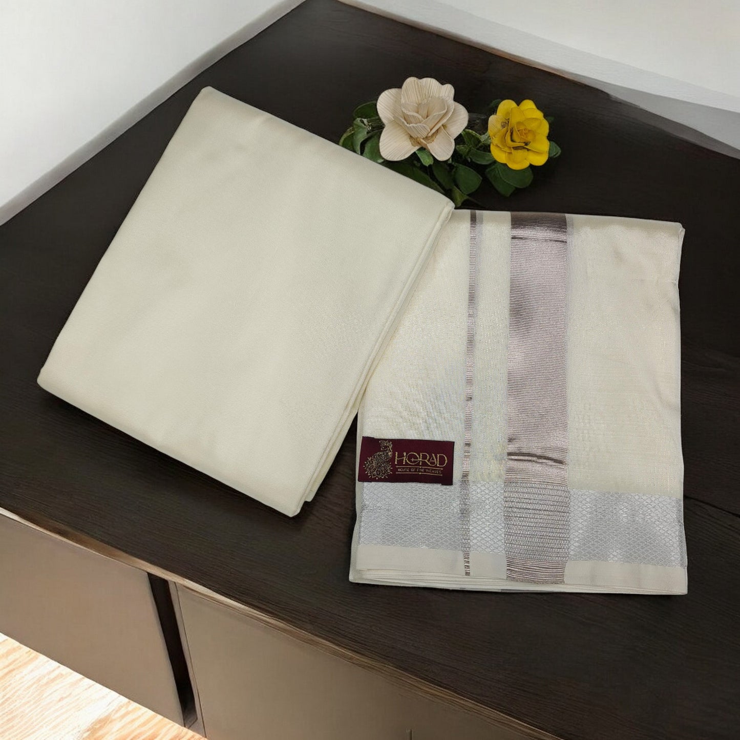 HORAD Premium Art Silk Silver Zari Dhoti with Shirt Material