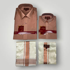 Horad Premium Art Silk Dad and Son Copper Shirt + Cream Dhoti