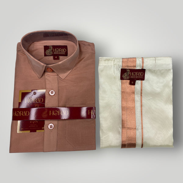 Horad Premium Art Silk Dad and Son Copper Shirt + Cream Welcro Dhoti + Angavastram
