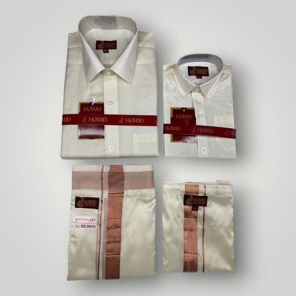 Horad Premium Art Silk Dad and Son Cream Shirt + Welcro Dhoti