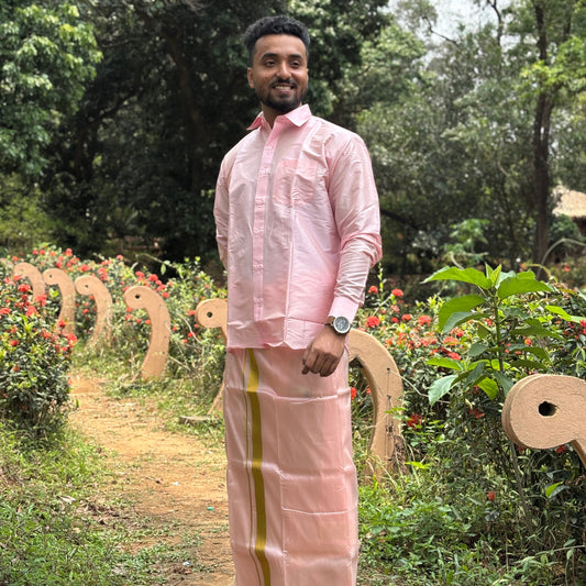 Horad Premium Art Silk Petal Pink Shirt + Dhoti + Belt