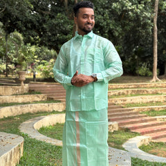 Horad Premium Art Silk M.L.Green Shirt + Dhoti