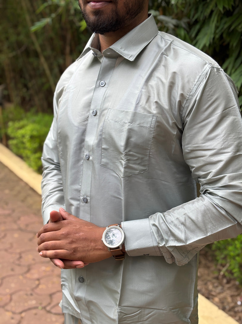 Horad Premium Art Silk Steel Grey Shirt + Welcro Dhoti