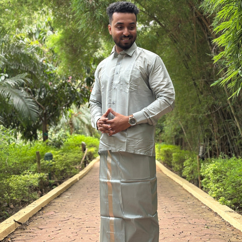 Horad Premium Art Silk Steel Grey Shirt + Welcro Dhoti