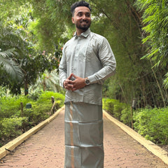 Horad Premium Art Silk Steel Grey Shirt + Welcro Dhoti